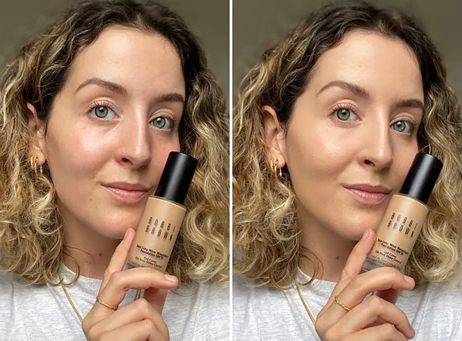 Before and after image of Pro Artist Hollie Ellis, showcasing a flawless base. Hollie holds Skin Long-Wear Fluid Foundation