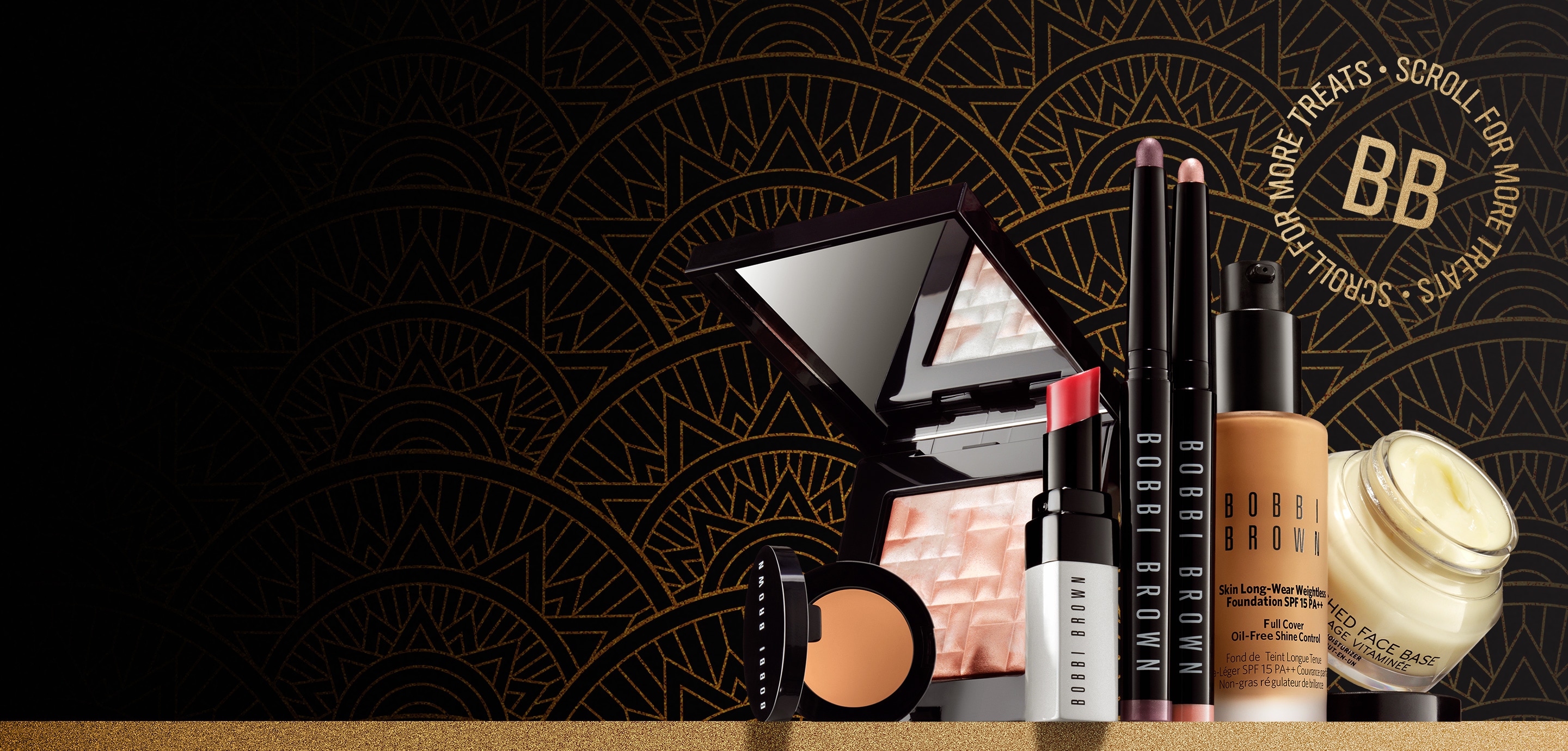 Bestselling Bobbi Brown favourites on a gold shelf, in front of a gold deco pattern